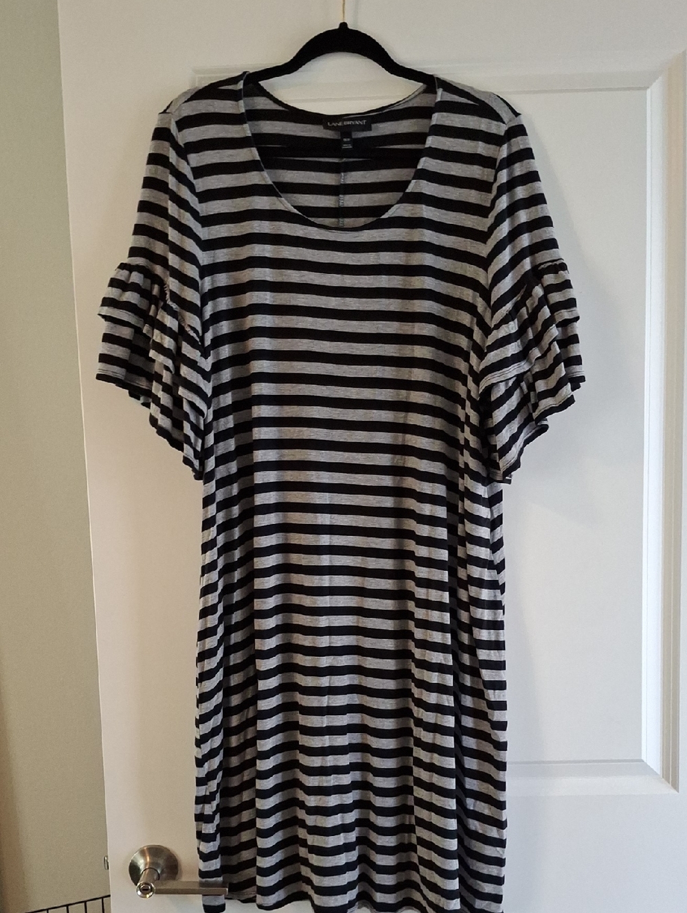 Lane Bryant Black and Gray Striped Ruffle Sleeve Tunic Dress